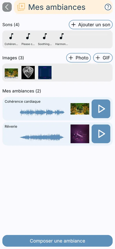 Écran Mes ambiances : sons, images et cohérence cardiaque