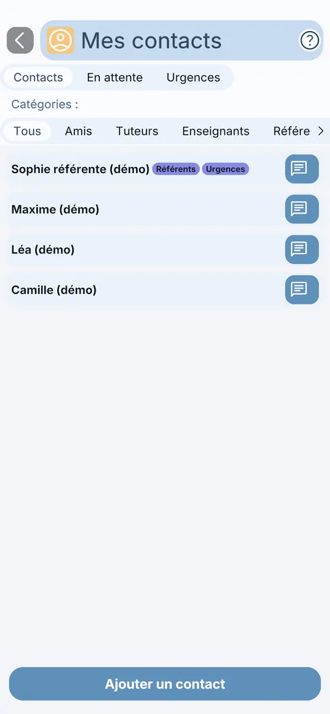 Écran Contacts : tes proches et tes personnes référentes